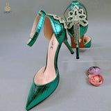 woloong New Arrival Sexy High Heel Pointed Elegant Noble Green Color Ladies Shoes and Bag Set For Any Occasion
