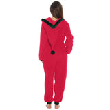 Women Christmas Hooded Pajama Coral Fleece Solid Color Zipper Jumpsuit Lady Winter Thermal Home Sleep Wear Green/Pink/Red
