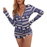 woloong  Women Christmas Printed Pattern Pajama Button V-neck Long Sleeve Bodycon Playsuit Casual Homewear Red/ Wine Red/ Navy/ Black