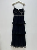 Top Quality Women Dress Early Autumn New  Light Luxury Black Blut Chiffon Pleated Cake Suspender Midi Dress