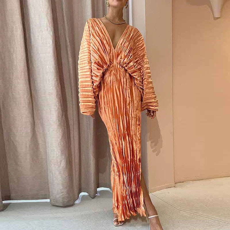 New Fashion Long Sleeve Folds Slim Long Dress  Chic Solid Color Ruffles Dresses Sexy V-Neck High Split Female Party Dress