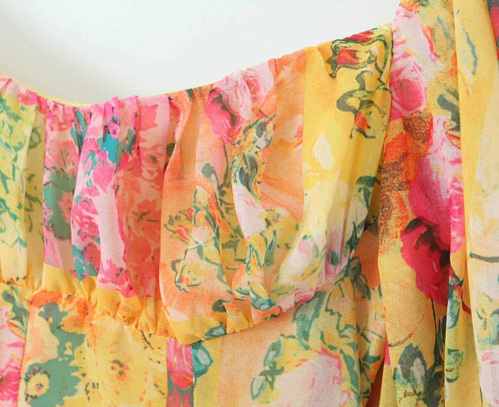 woloong Yellow Flower Print Ruched Chest Corset style Mini Dress Women Half Puff Sleeve Low Waist Irregular Ruffles Hem Short Robe