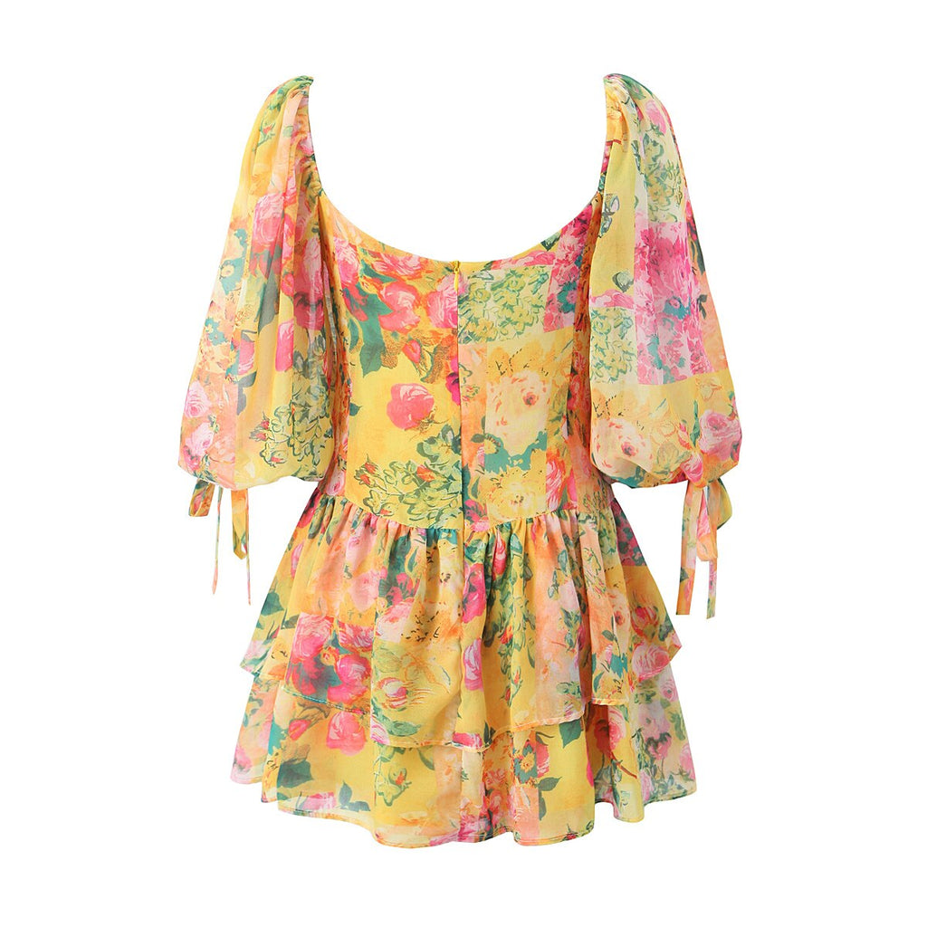 woloong Yellow Flower Print Ruched Chest Corset style Mini Dress Women Half Puff Sleeve Low Waist Irregular Ruffles Hem Short Robe