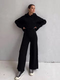 woloong  Casual Knit Hoodied With Pocket Two Piece Sets Women Solid Long Sleeve Top Wide Leg Pant Outfit Streetwear Tracksuit New