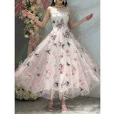 woloong Embroidered Butterfly Flower Mesh Dress Women's New Spring Summer Pairing Sweet Desire Wind Waist Fairy Suspender Skirt