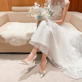 woloong Spring New White Women Bridal Wedding Shoes Faux Silk Satin Rhinestone Crystal Shallow Pumps Stiletto High Heel T