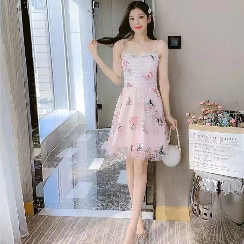 woloong Embroidered Butterfly Flower Mesh Dress Women's New Spring Summer Pairing Sweet Desire Wind Waist Fairy Suspender Skirt