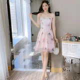 woloong Embroidered Butterfly Flower Mesh Dress Women's New Spring Summer Pairing Sweet Desire Wind Waist Fairy Suspender Skirt