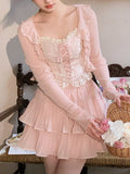 woloong Fragrant Delicate Posy Petals Cottagecore Princesscore Fairycore Princesscore Coquette Soft Girl Kawaii Top with Cardigan and Optional Skirt Bottoms Dress Set