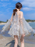 Spring New Organza Embroidered Super Fairy Holiday Beach Jumpsuit Women Fashion Flare Sleeve Ruffles Wide Leg Rompers Bodysuit
