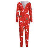 Women Christmas Printed Pattern Jumpsuit Long Sleeve Zipper Closure Hooded Overalls Winter Sleep Home Wear Clothes Red/ Green
