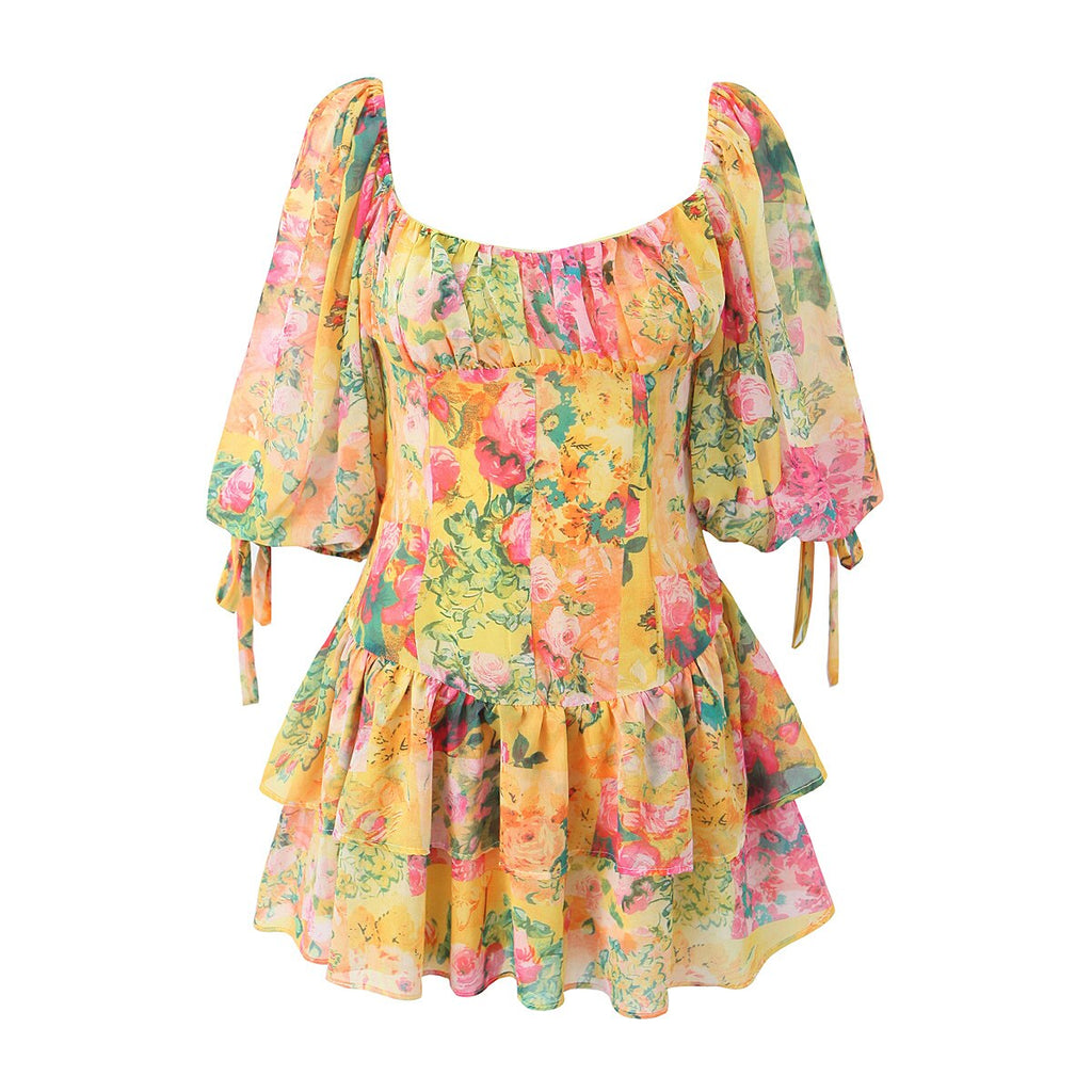 woloong Yellow Flower Print Ruched Chest Corset style Mini Dress Women Half Puff Sleeve Low Waist Irregular Ruffles Hem Short Robe