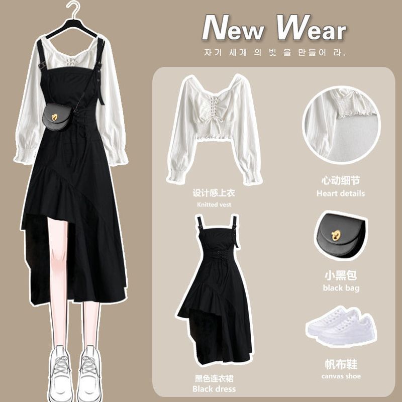 woloong Women Dress Suit Autumn New Temperament Dress Design Sense Niche Strap Skirt Two-piece Sets Elegant Sweet Girl Streetwear