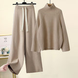 woloong Autumn Winter Warm Knitted Suit Women Long Sleeve Half Turtleneck Knitting Sweater And Wide Leg Pants Sets Outer Wear Loose Set