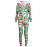 Women Christmas Printed Pattern Jumpsuit Long Sleeve Zipper Closure Hooded Overalls Winter Sleep Home Wear Clothes Red/ Green