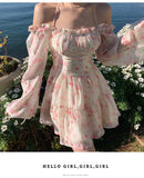woloong Summer Floral Dress Women  Slash Neck Female Long Sleeve Fairy Dress Off Shoulder Pink A-line Elegant  Beach Short Dresses