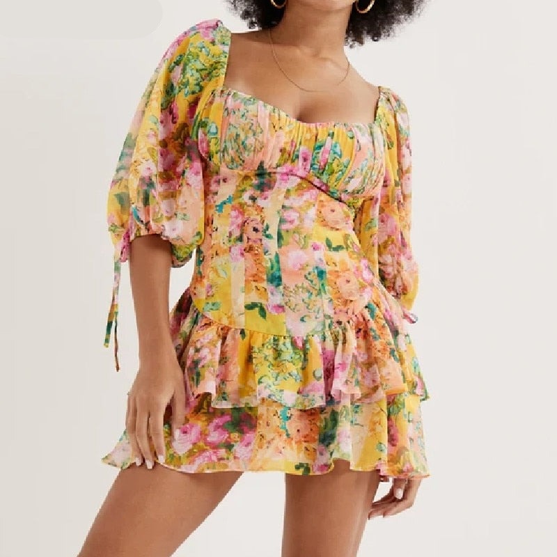 woloong Yellow Flower Print Ruched Chest Corset style Mini Dress Women Half Puff Sleeve Low Waist Irregular Ruffles Hem Short Robe