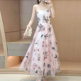 woloong Embroidered Butterfly Flower Mesh Dress Women's New Spring Summer Pairing Sweet Desire Wind Waist Fairy Suspender Skirt