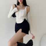 Women Striped Stitching Slim T-shirt Female 2 In 1 Shrug Set Co-ord Crop Shrug And Corset Tank Tops Set Y2k Streetwear New
