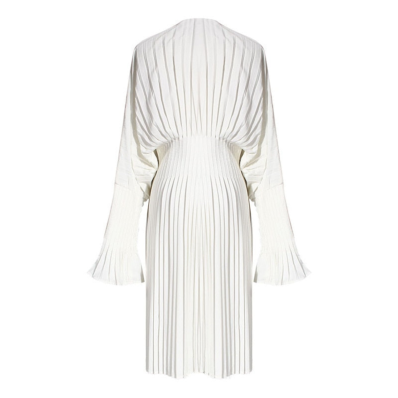woloong Vintage Pleated Dress Women Flare Long Sleeve V Neck Dresses Female Fashion Clothes Spring Summer New