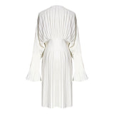 woloong Vintage Pleated Dress Women Flare Long Sleeve V Neck Dresses Female Fashion Clothes Spring Summer New