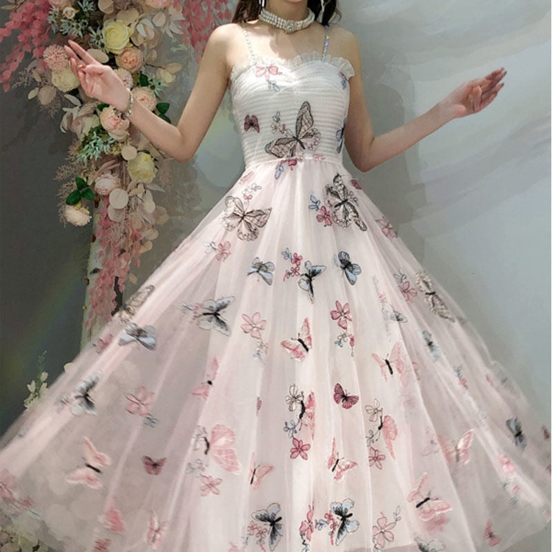 woloong Embroidered Butterfly Flower Mesh Dress Women's New Spring Summer Pairing Sweet Desire Wind Waist Fairy Suspender Skirt