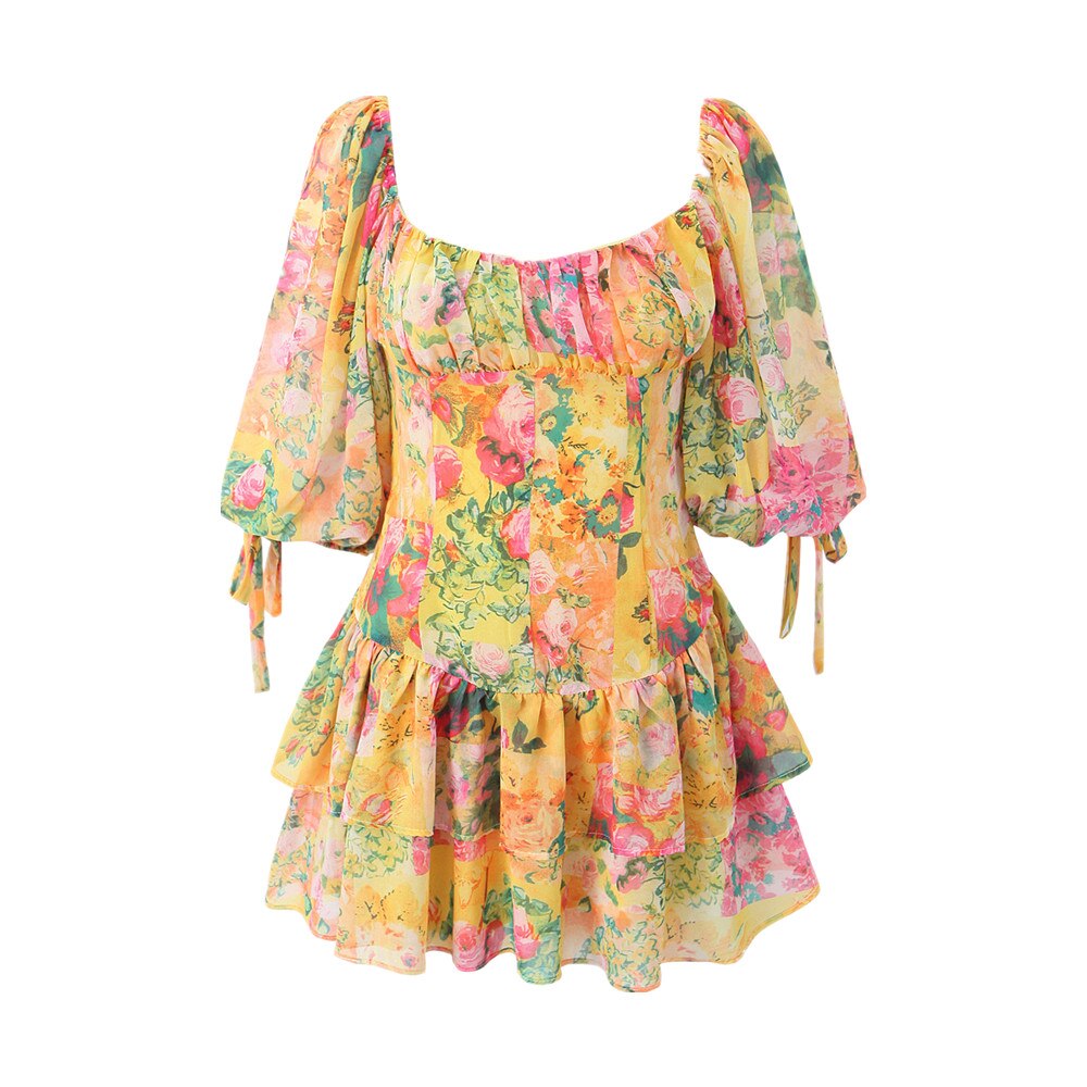 woloong Yellow Flower Print Ruched Chest Corset style Mini Dress Women Half Puff Sleeve Low Waist Irregular Ruffles Hem Short Robe