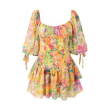woloong Yellow Flower Print Ruched Chest Corset style Mini Dress Women Half Puff Sleeve Low Waist Irregular Ruffles Hem Short Robe
