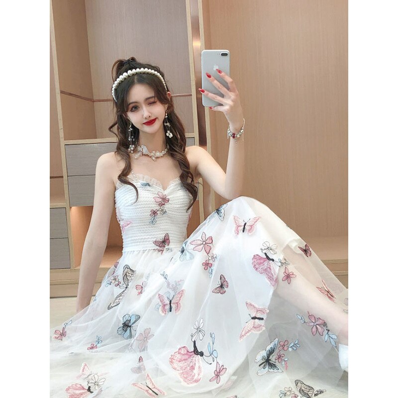 woloong Embroidered Butterfly Flower Mesh Dress Women's New Spring Summer Pairing Sweet Desire Wind Waist Fairy Suspender Skirt