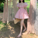 woloong Fairy Dress Pink Dress New Summer Organza Fairy Dress Female Sweet Puff Sleeves Mesh Square Collar Princess Dress Women's Clothing