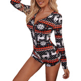 woloong  Women Christmas Printed Pattern Pajama Button V-neck Long Sleeve Bodycon Playsuit Casual Homewear Red/ Wine Red/ Navy/ Black