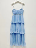 Top Quality Women Dress Early Autumn New  Light Luxury Black Blut Chiffon Pleated Cake Suspender Midi Dress