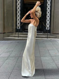 Off Shoulder Strapless Sleeveless Solid Evening Long Dress For Women  New Satin Backless Slim Party Clubwear