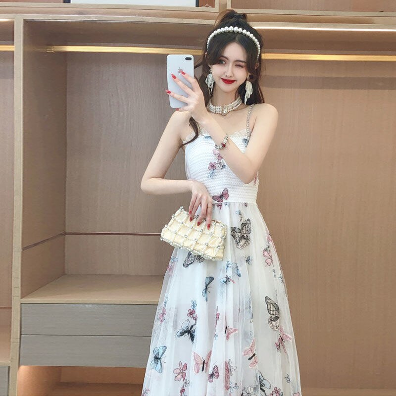 woloong Embroidered Butterfly Flower Mesh Dress Women's New Spring Summer Pairing Sweet Desire Wind Waist Fairy Suspender Skirt