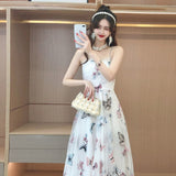 woloong Embroidered Butterfly Flower Mesh Dress Women's New Spring Summer Pairing Sweet Desire Wind Waist Fairy Suspender Skirt