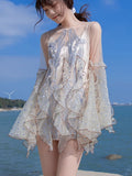 Spring New Organza Embroidered Super Fairy Holiday Beach Jumpsuit Women Fashion Flare Sleeve Ruffles Wide Leg Rompers Bodysuit