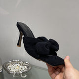 woloong New Brand Corduroy Square Toe Women Slipper Fashion Bow-knot Ladies Elegant Slides Thin High Heel Sandal Shoes