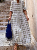 woloong Long Sleeves Loose Buttoned Plaid Split-Joint Stand Collar Maxi Dresses