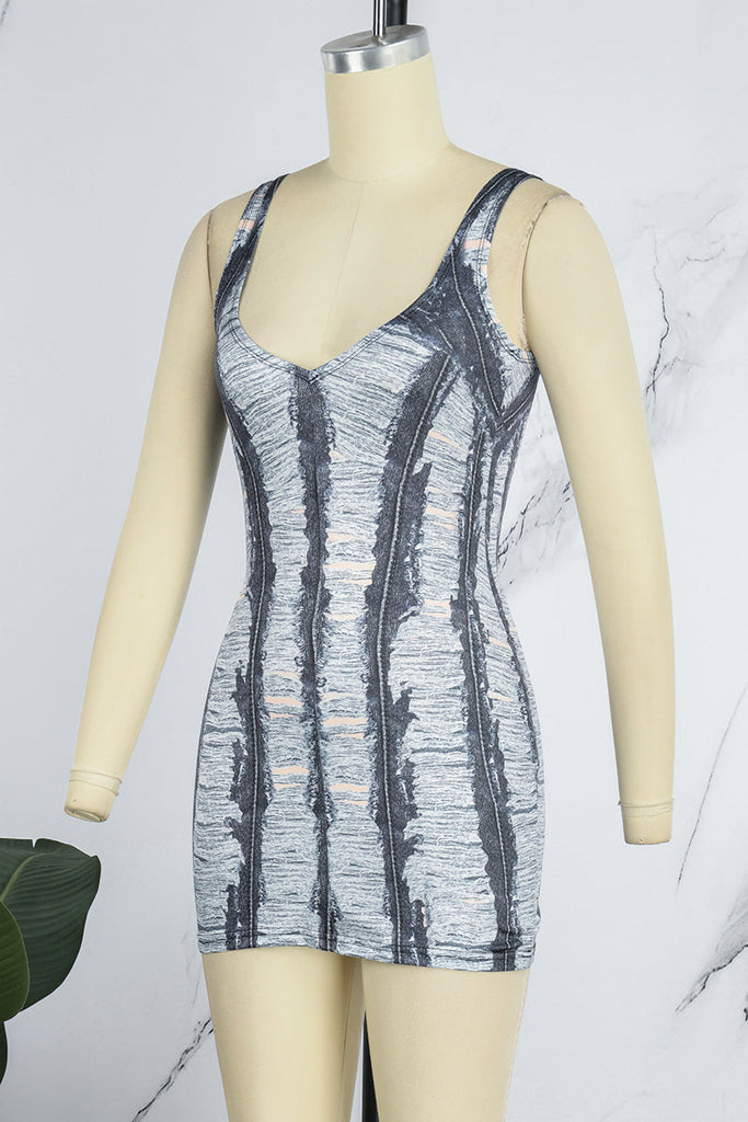 woloong - Grey Sexy Striped Ripped Patchwork Backless Spaghetti Strap One Step Skirt Dresses