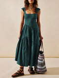 woloong Split-Joint Solid Color Pleated Lace-Up Elasticity Backless Sleeveless Loose Square-Neck Maxi Dresses