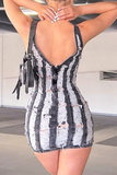 woloong - Grey Sexy Striped Ripped Patchwork Backless Spaghetti Strap One Step Skirt Dresses