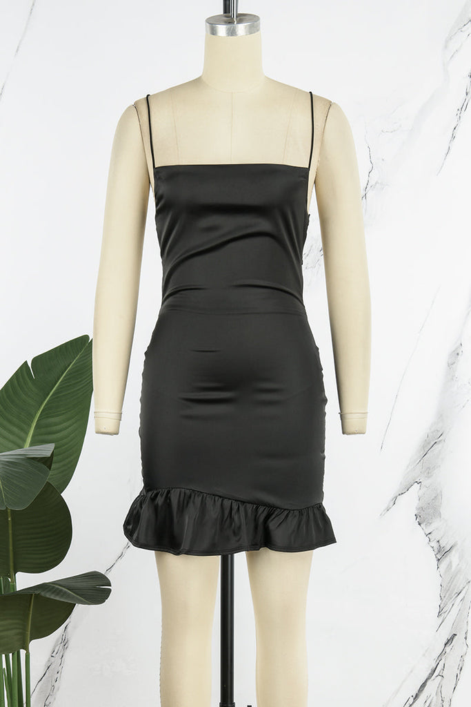 woloong - Black Sexy Solid Backless Cross Straps Spaghetti Strap Sleeveless Dress Dresses