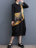 woloong Split-Joint Printed Asymmetric Loose Long Sleeves Round-Neck Midi Dresses