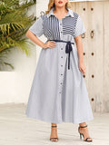 woloong Tied Waist Striped Split-Joint Buttoned Short Sleeves Plus Size Lapel Shirt Dress Maxi Dresses