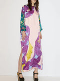 woloong Split-Side Printed Loose Long Sleeves Round-Neck Maxi Dresses