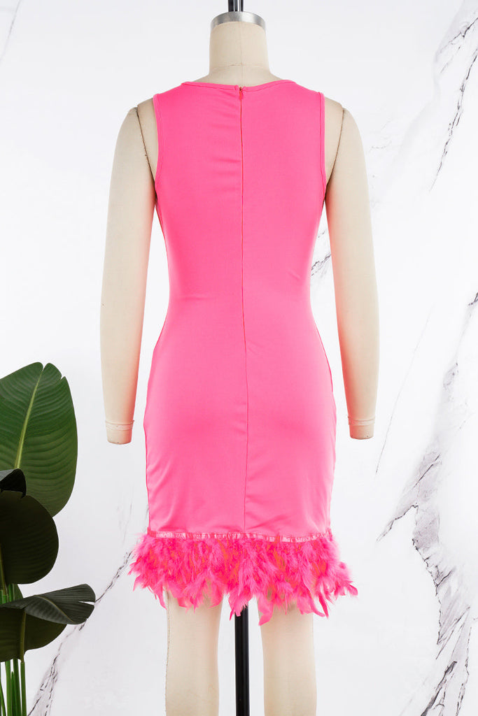woloong - Black Daily Party Elegant Simplicity Patchwork Feathers Solid Color O Neck Sleeveless Dress Dresses