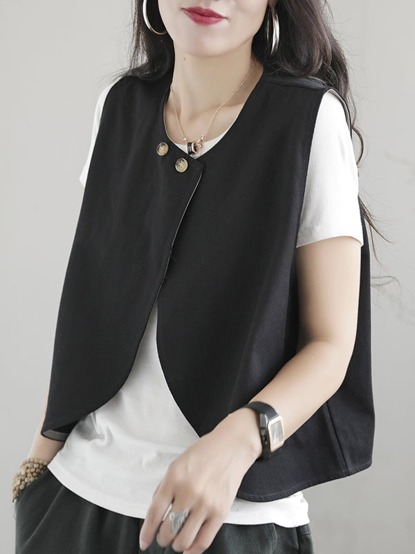 woloong Artistic Retro Loose Sleeveless Solid Color Round-Neck Vest Outerwear