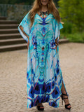 woloong Split-side Butterfly Print Short Sleeves Loose V-neck Maxi Dresses Beach Cover-Up