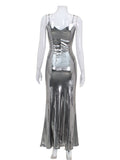 woloong Split-Joint Solid Color Shiny Sleeveless V-neck Maxi Dresses