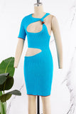 woloong - Blue Sexy Solid Hollowed Out Patchwork O Neck One Step Skirt Dresses